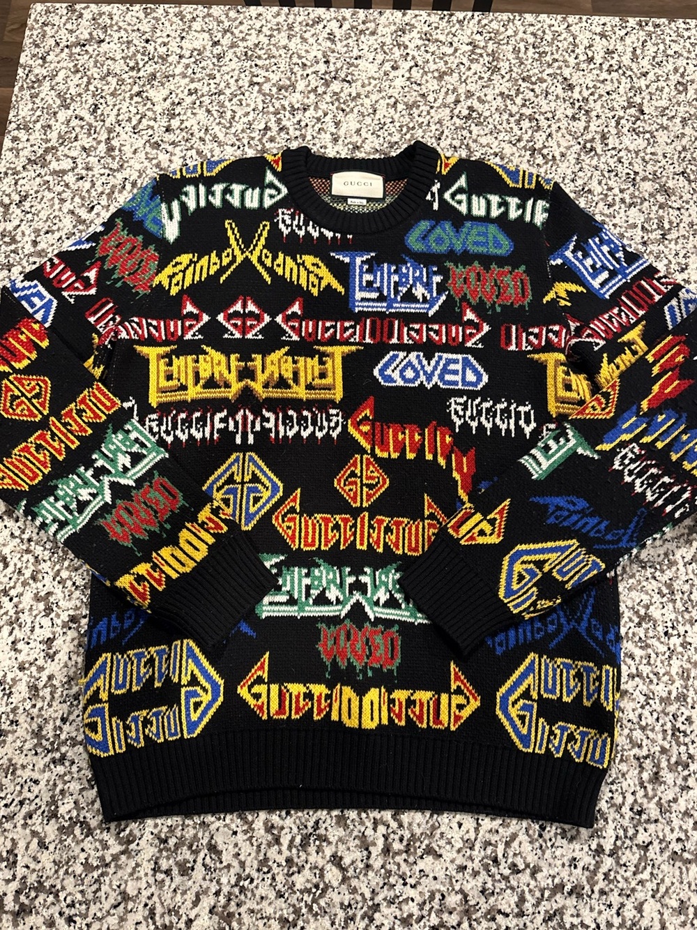Gucci Black Multicolor Logo Graphic Knit Crewneck Sweater